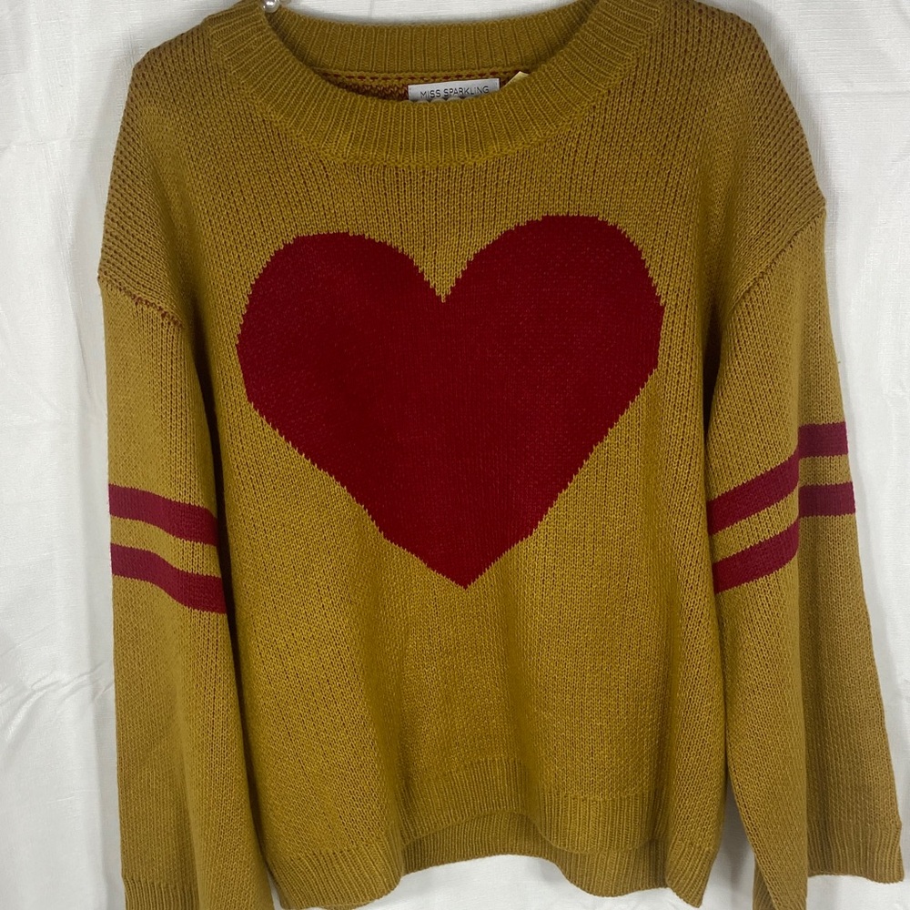Cozy Tan Sweater with a bold Red heart and Stripes - Picture 5 of 7